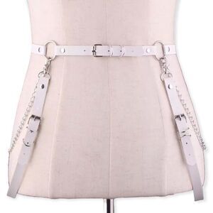 White Leather Suspender Harness Silver Hardware Statement Belt NEW